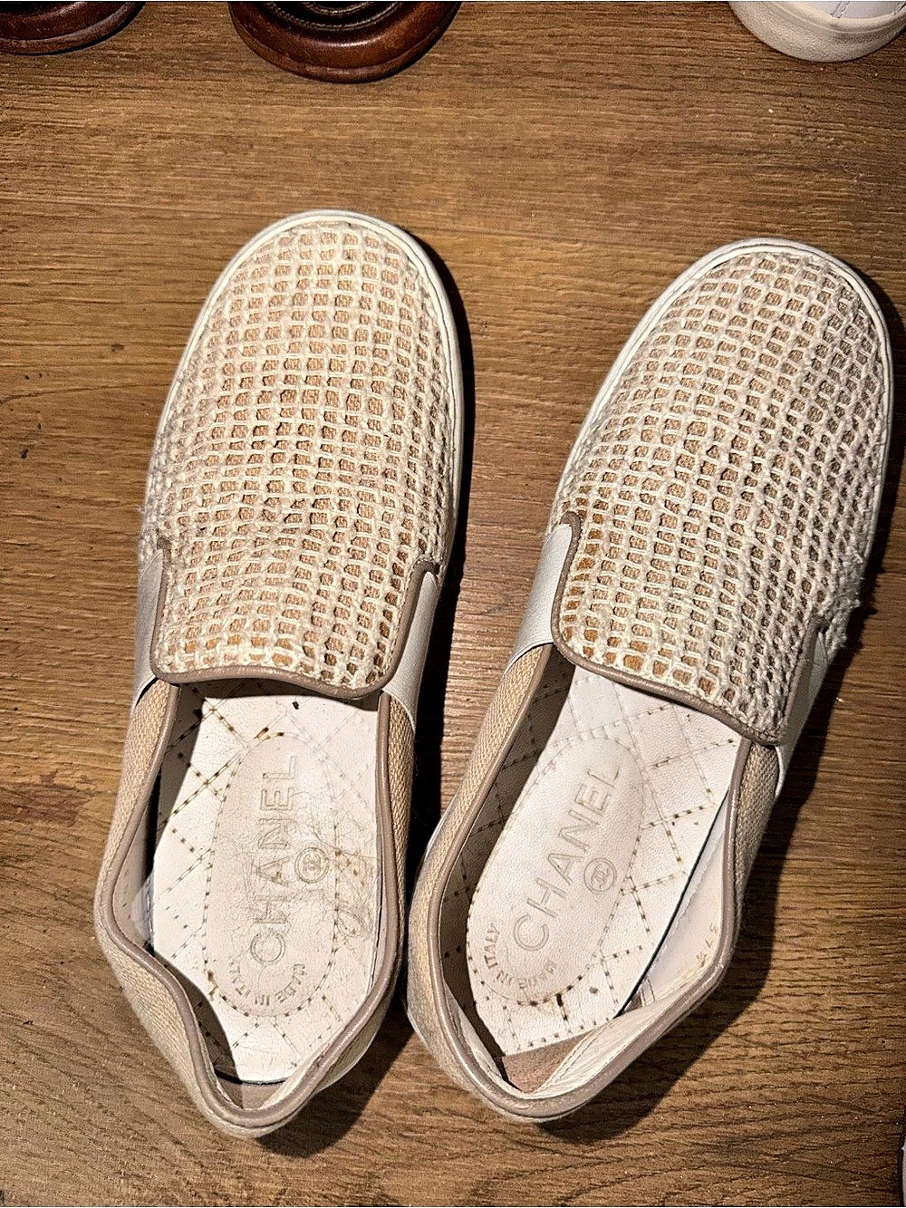 Chanel Woven Slip-On Mules in Beige